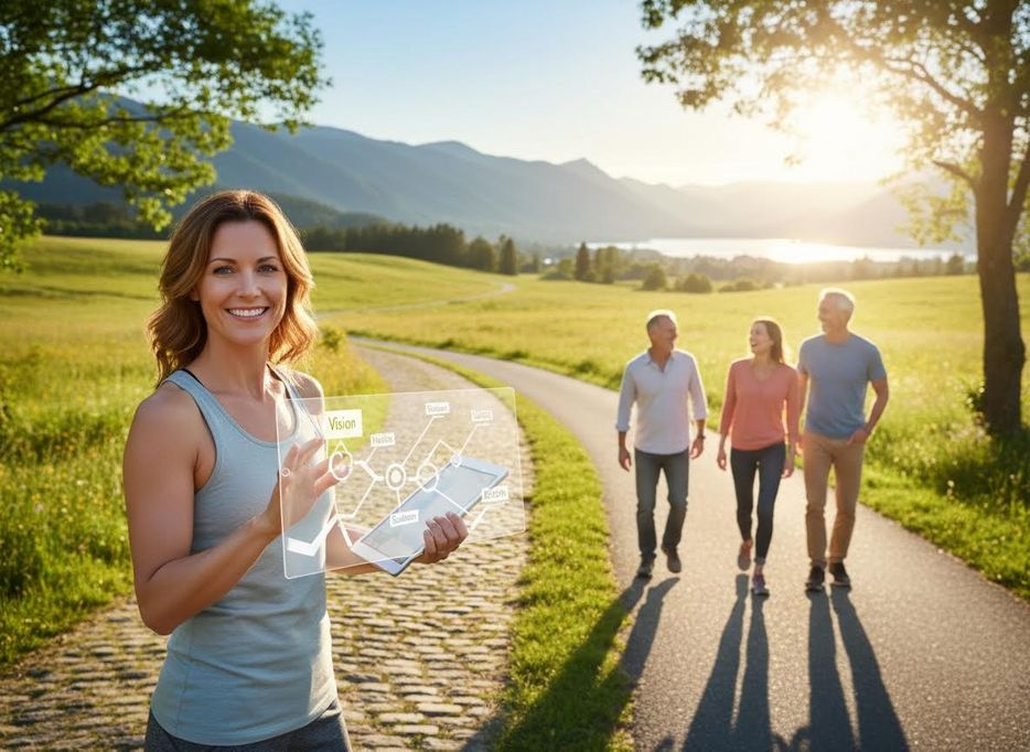 Woman demonstrating a transparent digital tablet in a scenic outdoor setting