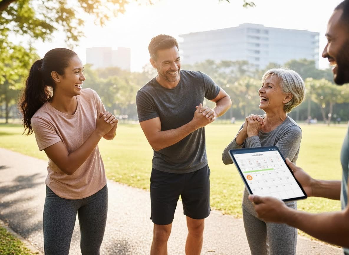 Diverse group reviewing fitness plan outdoors