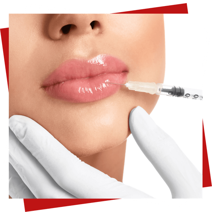 Close-up of syringe injecting lips, wearing white gloves