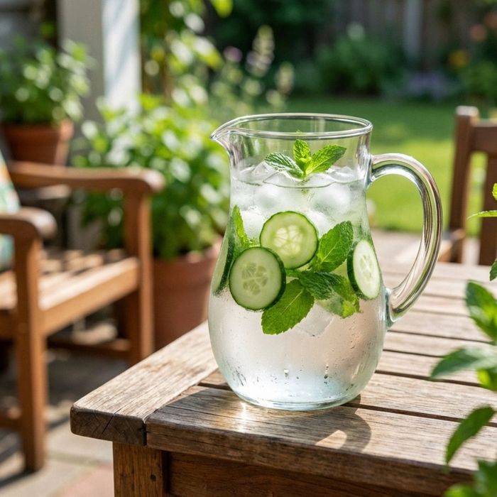 A pitcher of fresh, hydrating water infused with cucumber and mint on an outdoor table.