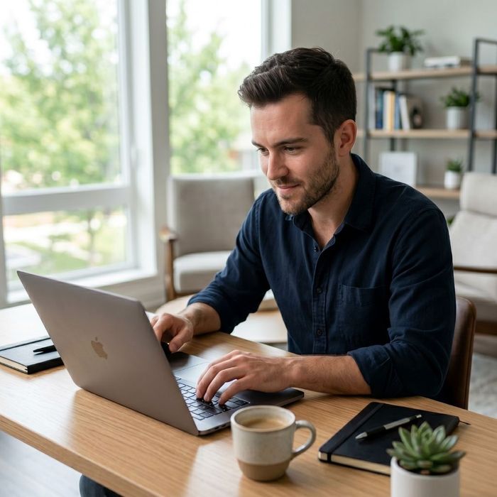 A man in hiking gear kneeling on a rocky mountain trail at sunset, tying the laces of his boots.