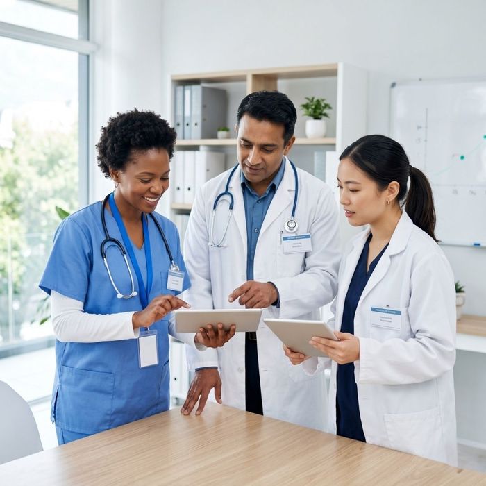A diverse team of medical professionals in scrubs and white coats standing together and reviewing information on a tablet.