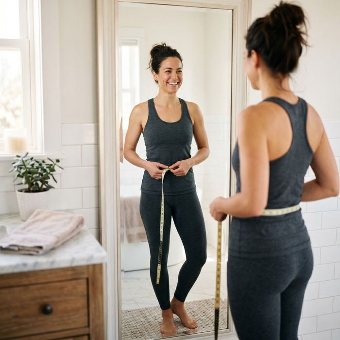 A woman standing in front of a bathroom mirror, smiling while using a soft measuring tape to check her waist progress.