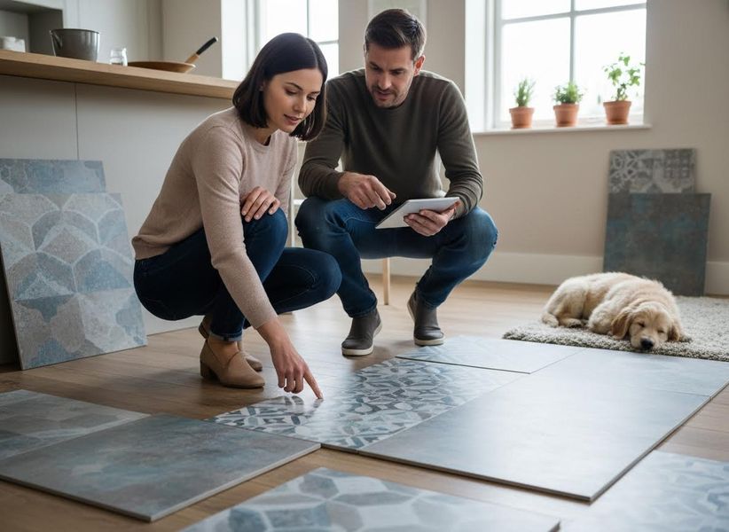 Couple Choosing Floor Tiles with Tablet and Puppy