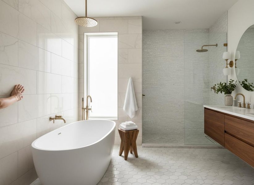 Modern Bathroom with Freestanding Tub, Glass Shower, and Gold Accents