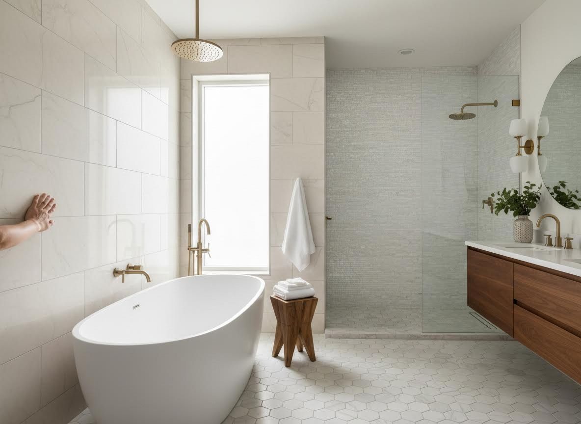 Modern Bathroom with Freestanding Tub, Glass Shower, and Gold Accents