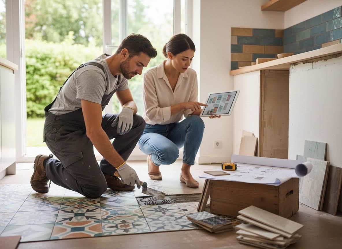 Homeowner and contractor discuss tile choices during kitchen renovation