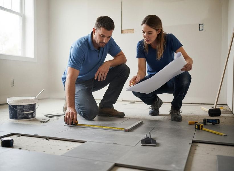 Couple Installing Floor Tiles