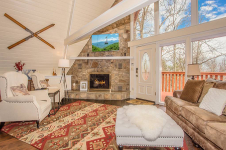 Fireplace in cabin living room.
