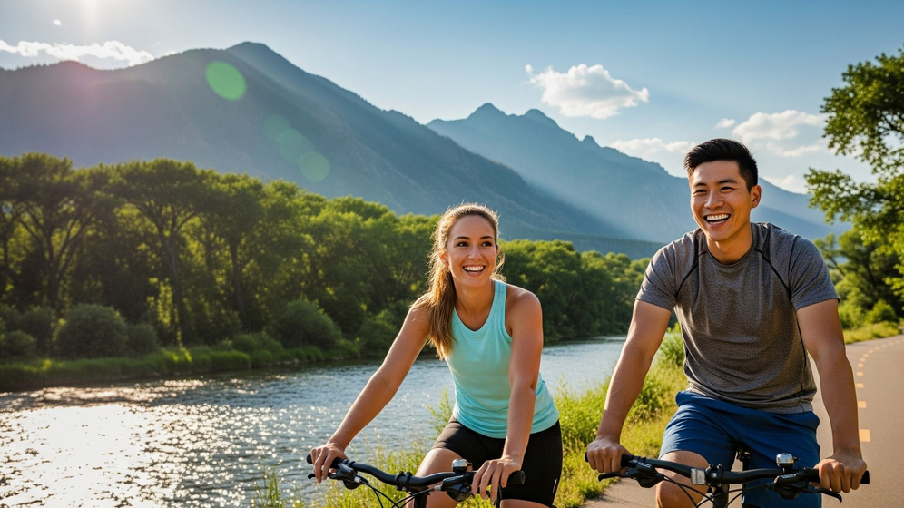 people biking by a river
