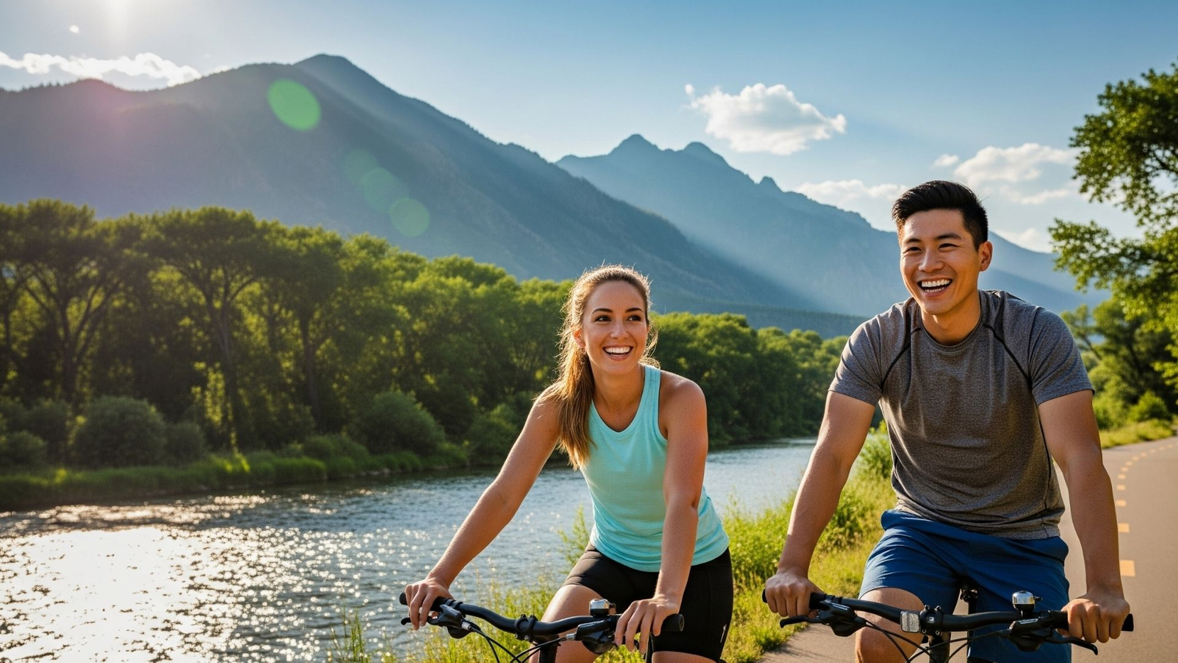 people biking by a river
