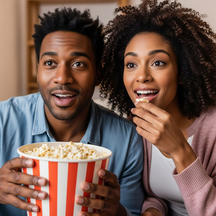 couple eating popcorn while watthcing a movie