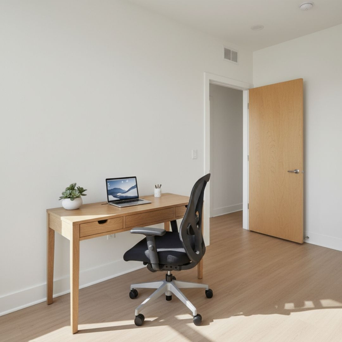 Dedicated home office setup in a bright spare apartment bedroom