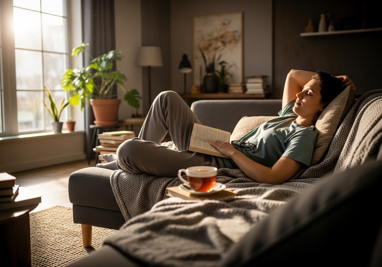 person relaxing on a couch person relaxing on a couch