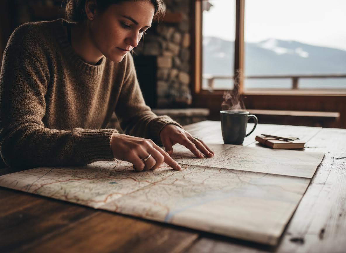 person looking at a map on a table