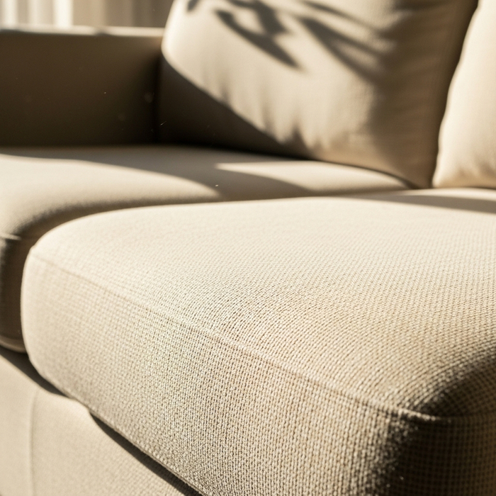 Close-up of light-colored cream upholstery on a sofa in a sunlit apartment.