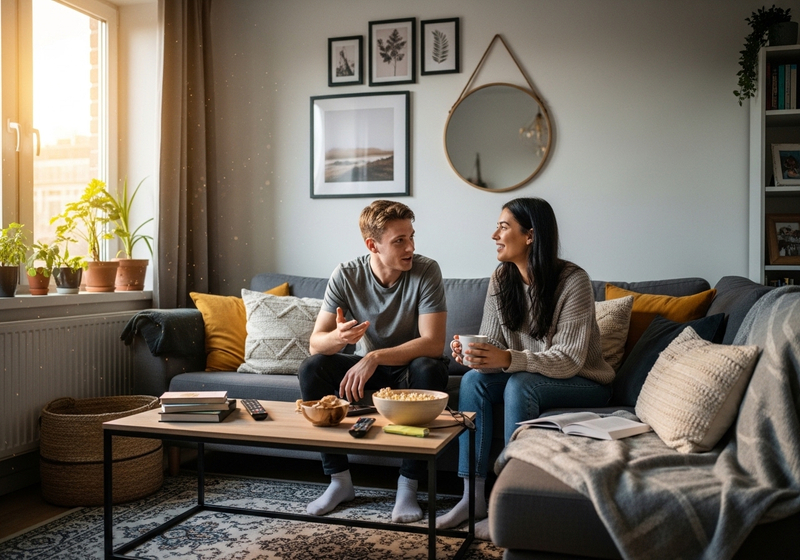 Two roommates enjoying a conversation in an apartment living room