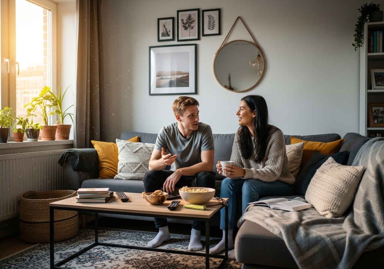 Two roommates enjoying a conversation in an apartment living room Two roommates enjoying a conversation in an apartment living room