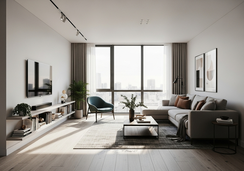 Modern apartment living room with abundant natural light streaming through a large window.