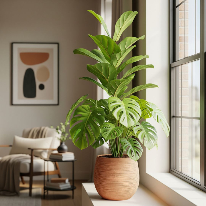 A large, healthy houseplant in a modern pot sitting near a window.