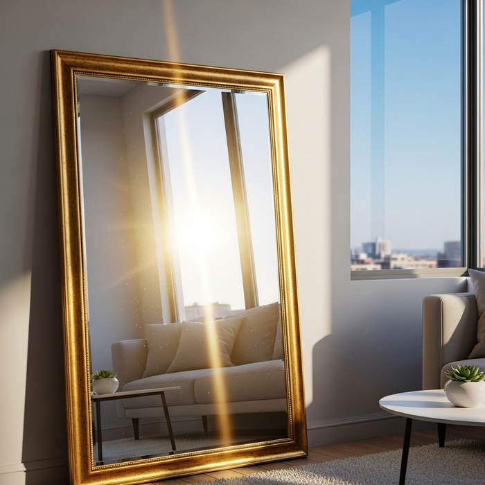 A large mirror reflecting sunlight from an apartment window, enhancing room brightness.