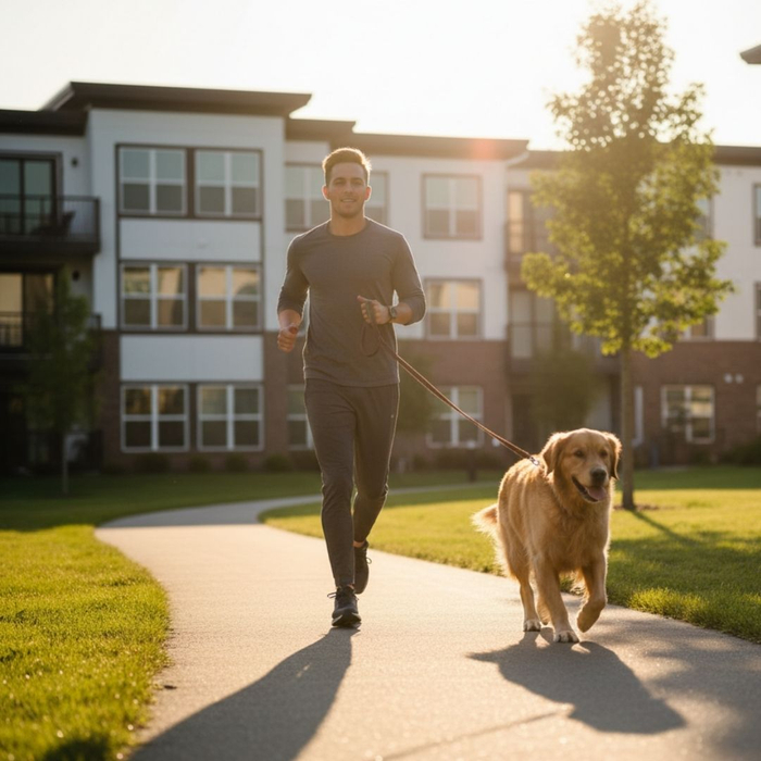 Person and dog jogging briskly on a paved path Person and dog jogging briskly on a paved path