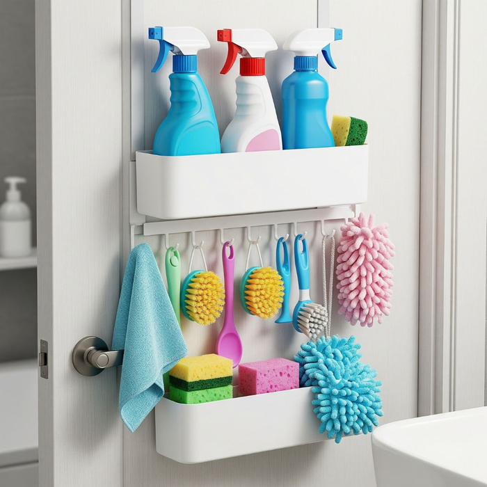 cleaning supplies on a door organizer cleaning supplies on a door organizer