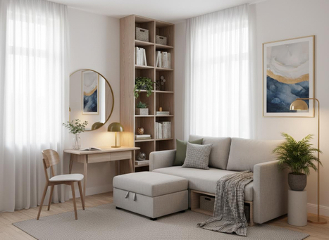Modern Studio Apartment Living Room with Sectional Sofa and Desk