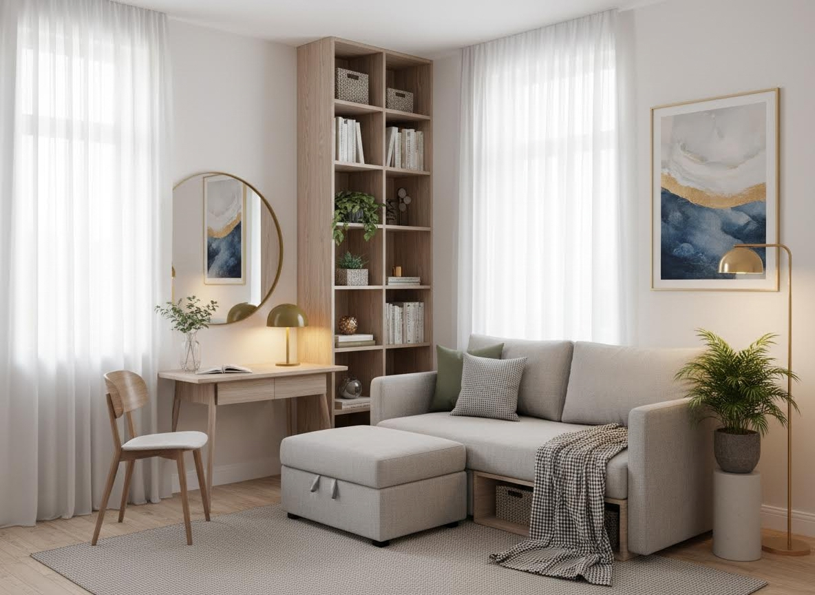 Modern Studio Apartment Living Room with Sectional Sofa and Desk