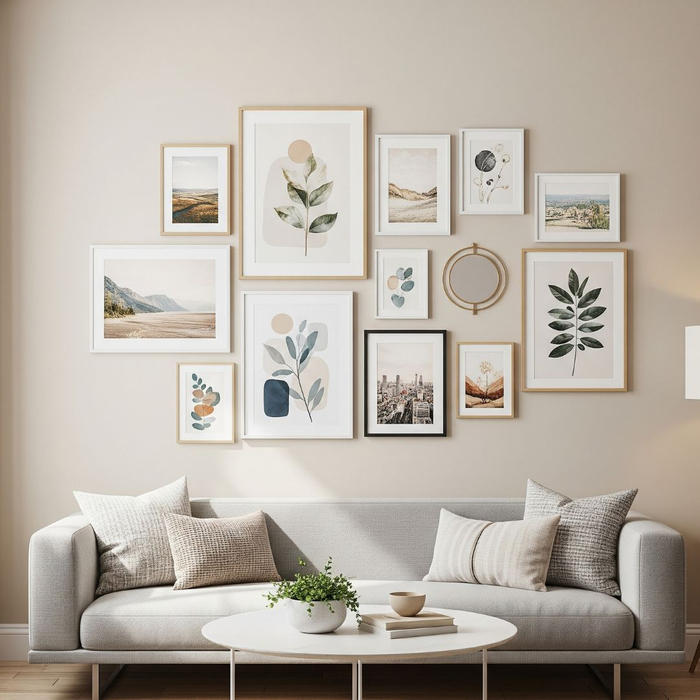 A personalized gallery wall in an apartment with various framed photos and art.