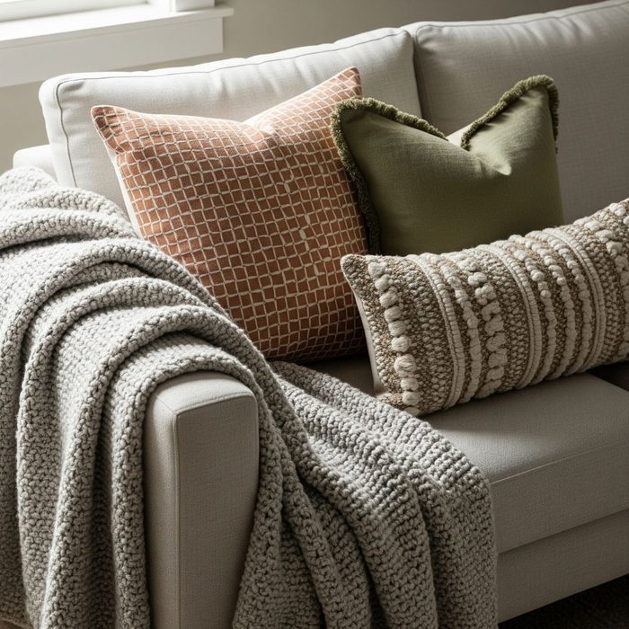 A close-up of a sofa with a textured throw blanket and decorative pillows.