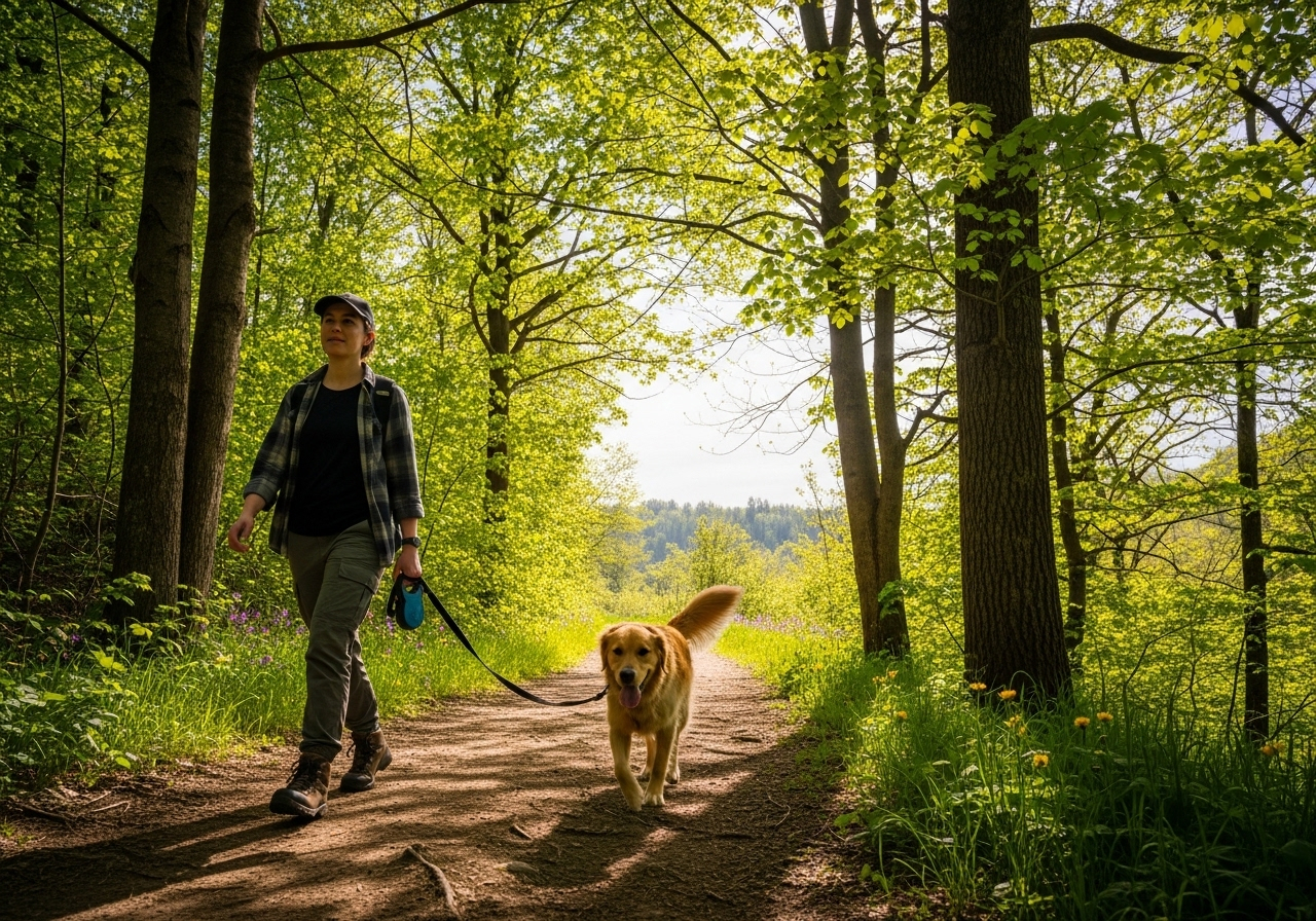 person taking their dog on a walk on a trail person taking their dog on a walk on a trail