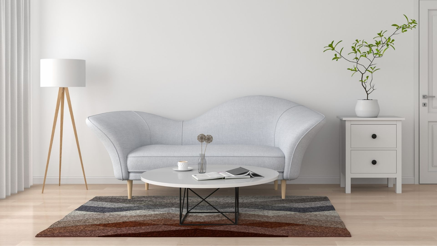 A bright, tidy, and organized modern apartment living room
