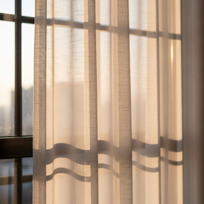 Soft, diffused sunlight filtering through a sheer white curtain over an apartment window.