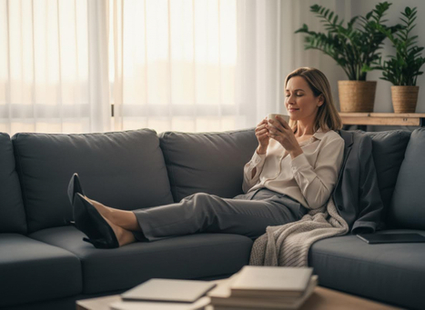 professional who just got home from work and is relaxing on their couch