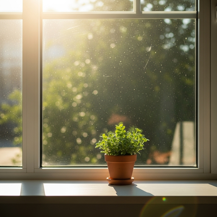 A clean, clear window sill with a single small potted plant bathed in bright sunlight.