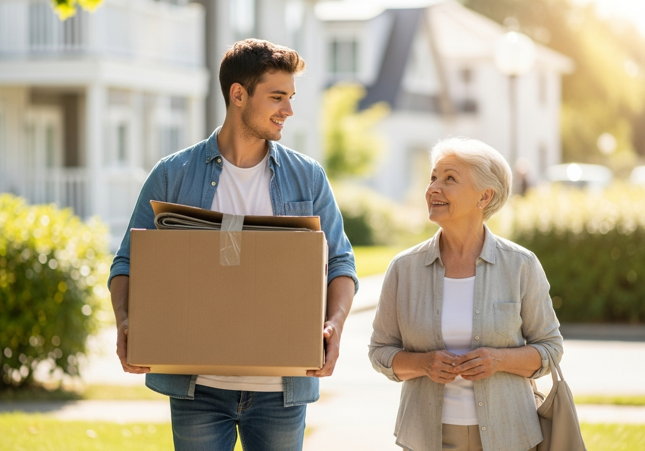 a young person carrying a box for an older neighbor