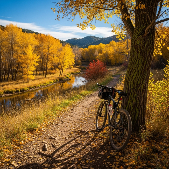 A bicycle parked along a scenic nature trail in Greeley