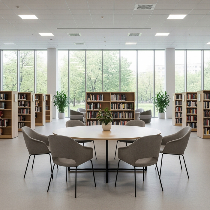 chairs at a round table in a modern library