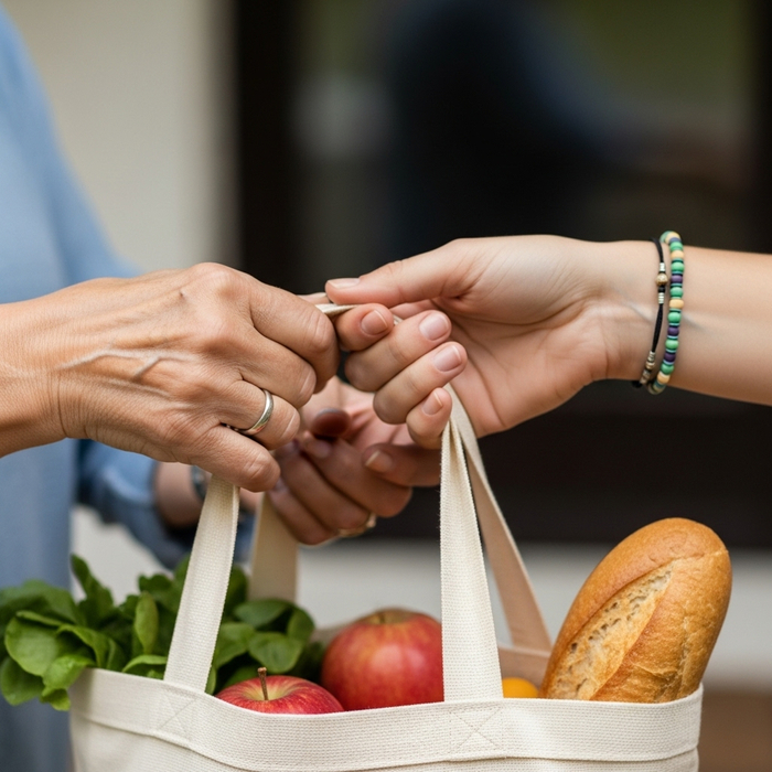 Hands exchanging a bag of groceries, symbolizing neighbors lending a hand.