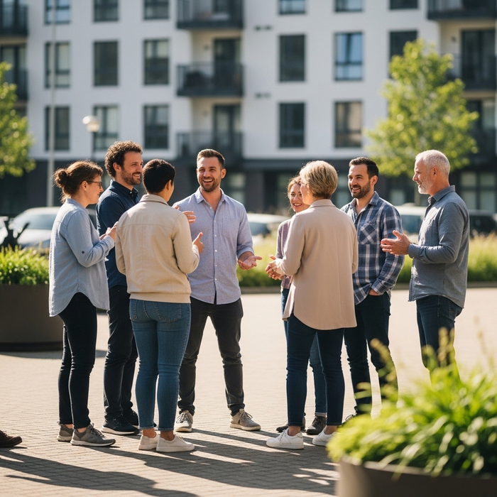 people talking to each other outside of an apartment complex