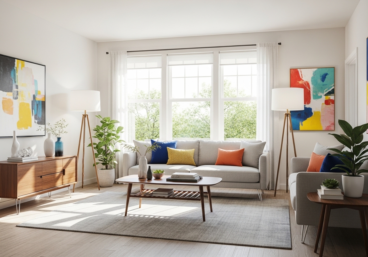 Bright and airy modern apartment living room with "leggy" furniture and natural light