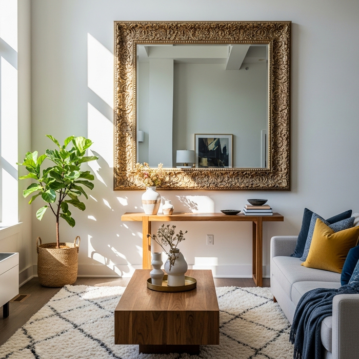 Large decorative wall mirror reflecting natural sunlight in an apartment
