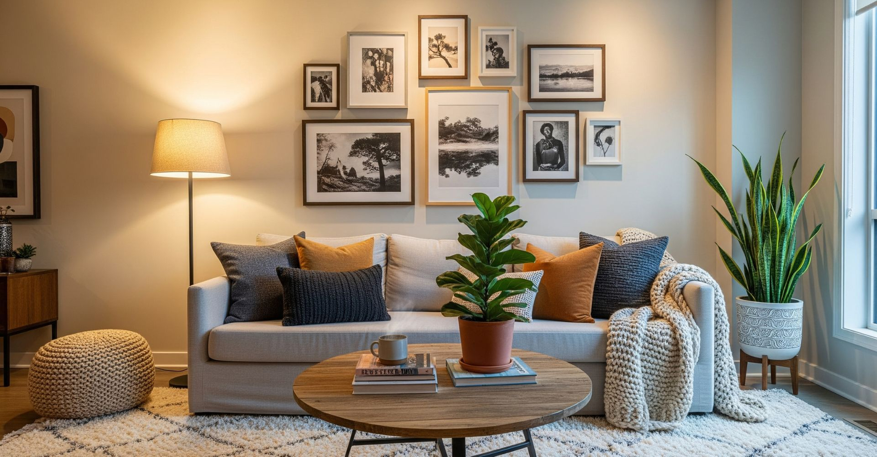 A cozy and personalized apartment living room with a gallery wall, soft lighting, and houseplants.