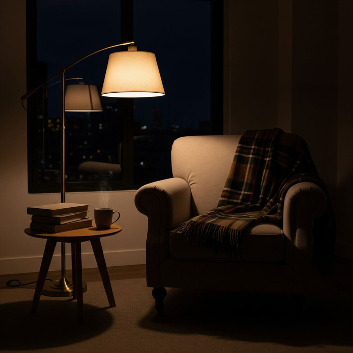 A cozy apartment reading nook at night, lit by a warm floor lamp. A cozy apartment reading nook at night, lit by a warm floor lamp.