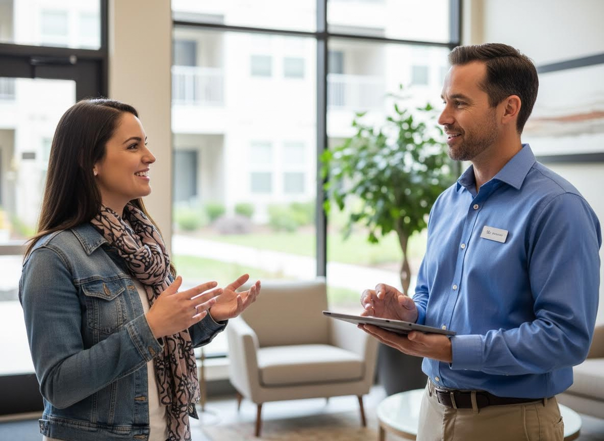 person talking to an apartment manager 
