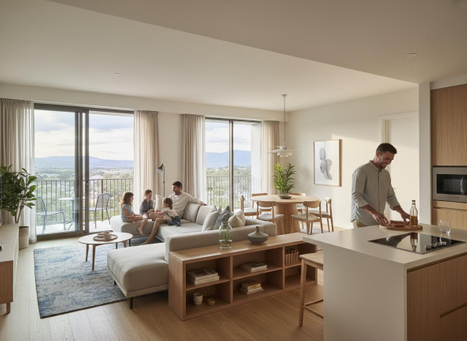 Family in modern open-plan apartment with mountain view