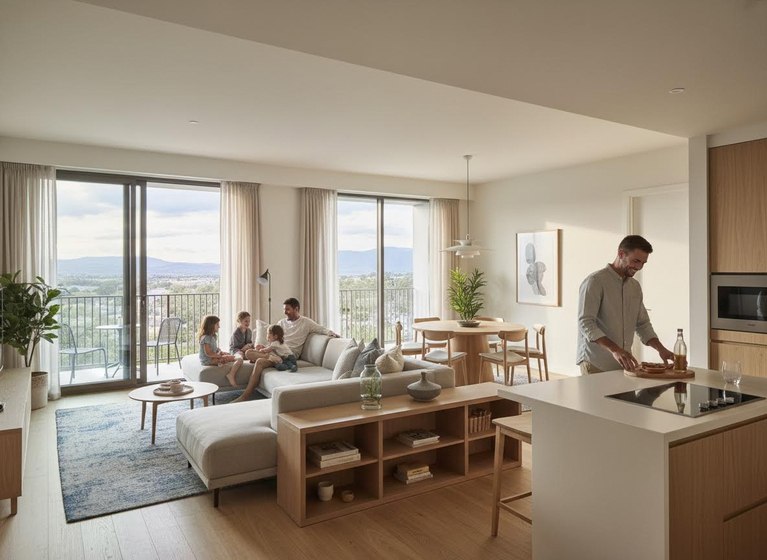 Family in modern open-plan apartment with mountain view