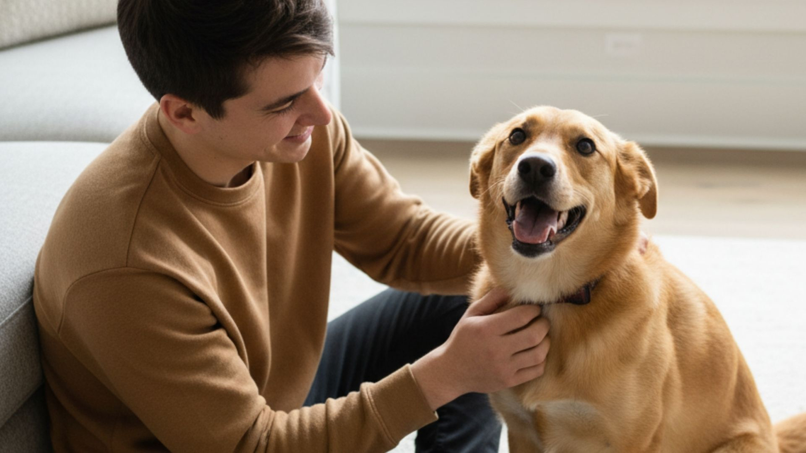 Happy dog and owner relaxing together on the floor of a bright, modern, pet-friendly apartment living room