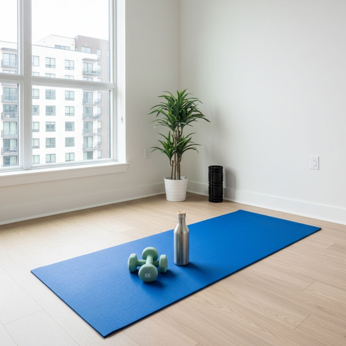 third apartment bedroom converted into a clean, modern home gym space with yoga mat and weights